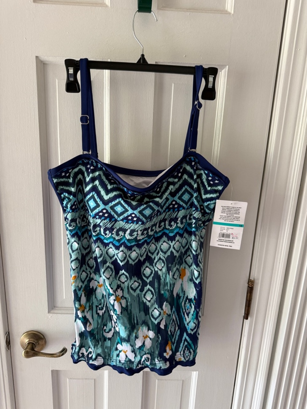 Blue & Teal Patterned Tankini Top with Floral Accents